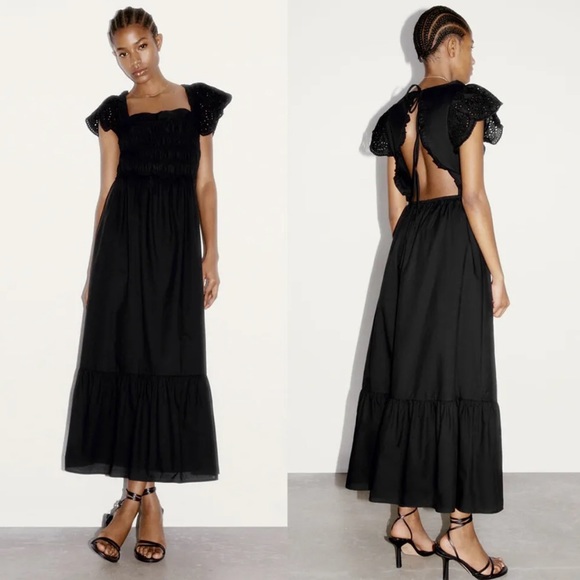 ZARA / openwork embroidery open back black dress - Picture 1 of 8